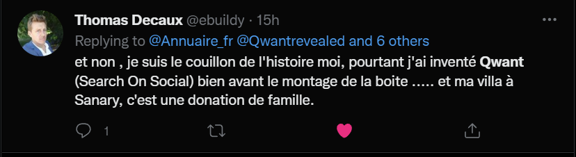 P58 - Thomas Decaux affirme avoir inventé Qwant Search On Social et évoque une villa